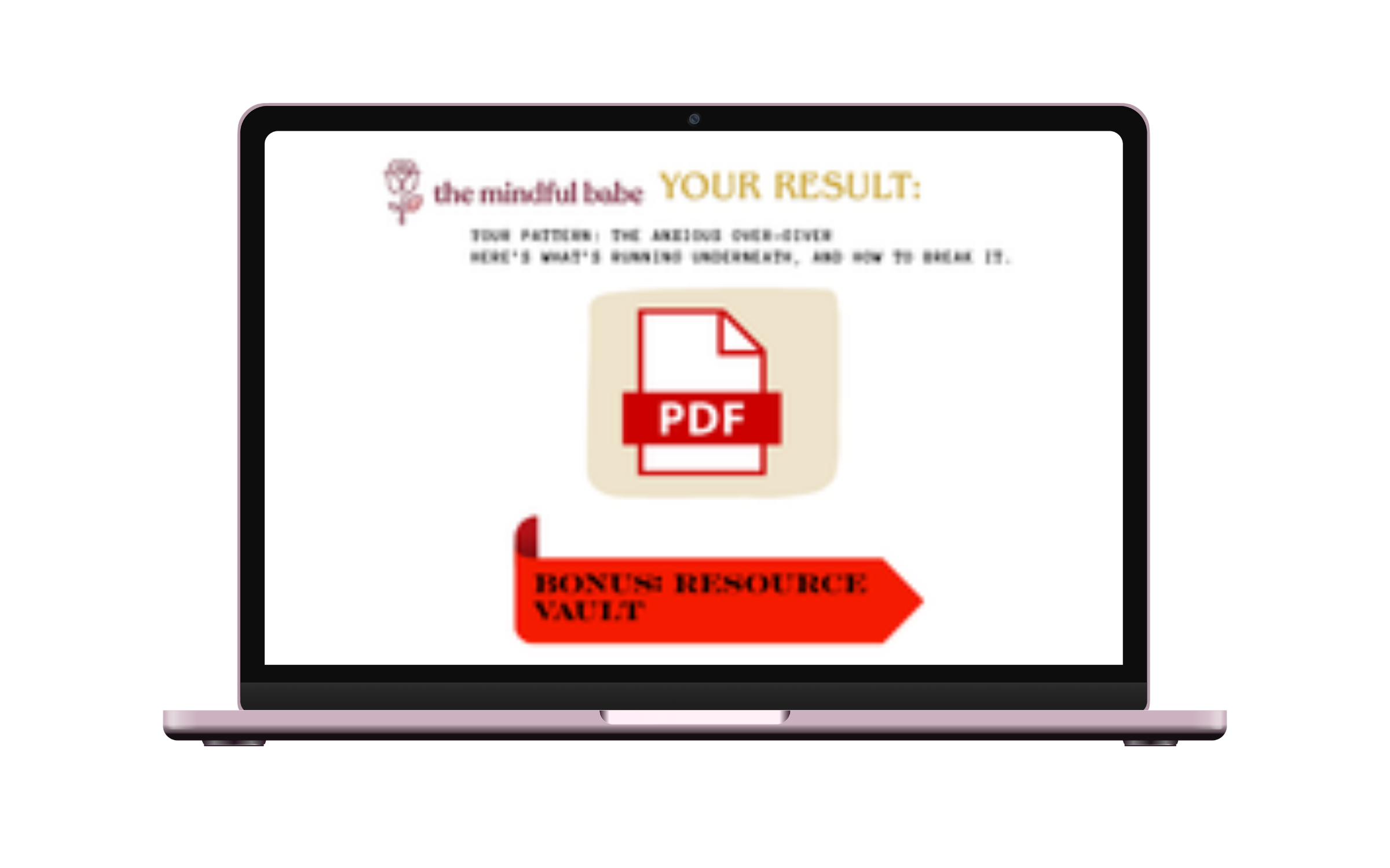 Personalised quiz result page and free pattern-break guide shown on a laptop